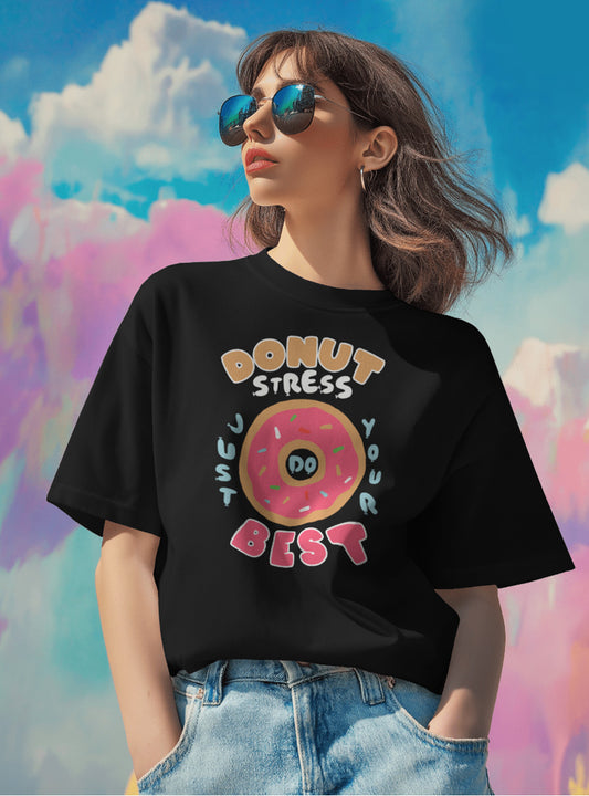 Women Donut Stress Printed Regular Fit Black T-Shirt