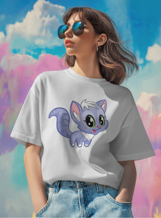 Women Cute Cat Printed Regular Fit White T-Shirt