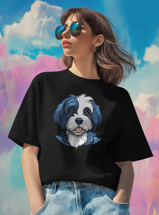 Women Cute Dog Printed Regular Fit Black & White T-Shirt