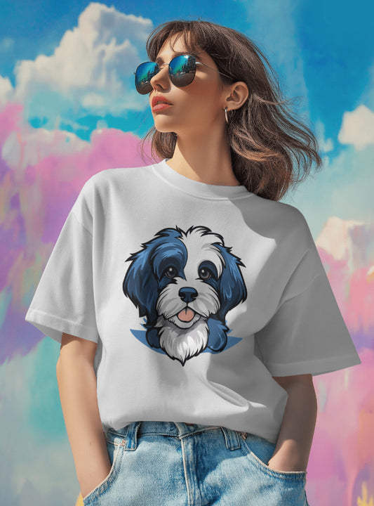 Women Cute Dog Printed Regular Fit Black & White T-Shirt