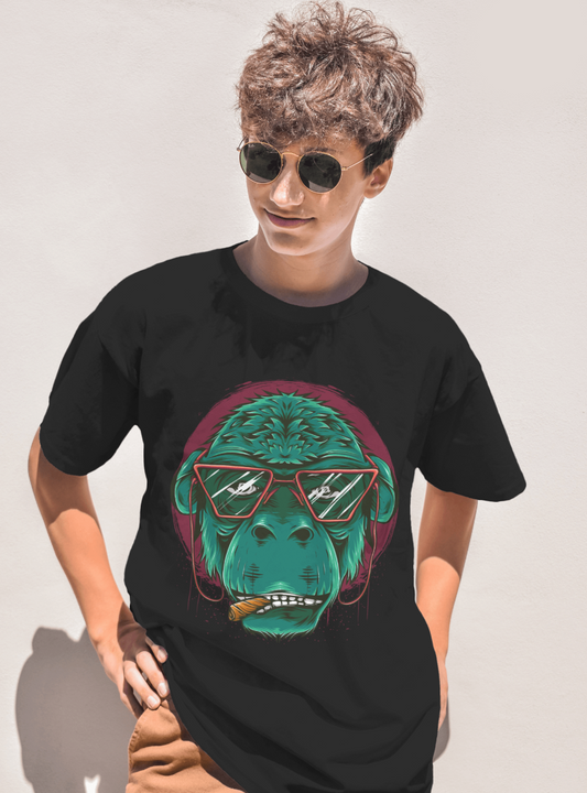 Monkey Print Regular Fit Black Tshirt