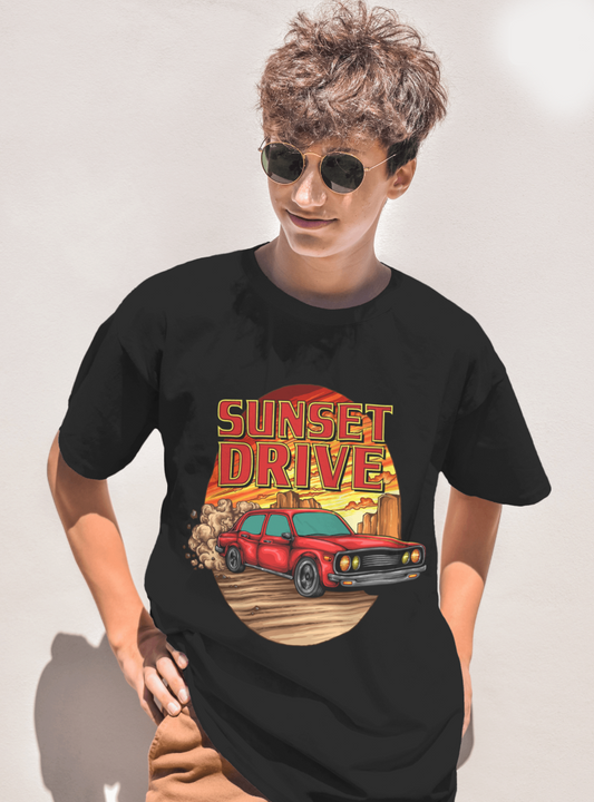 Sunset Drive Print Regular Fit Black Tshirt