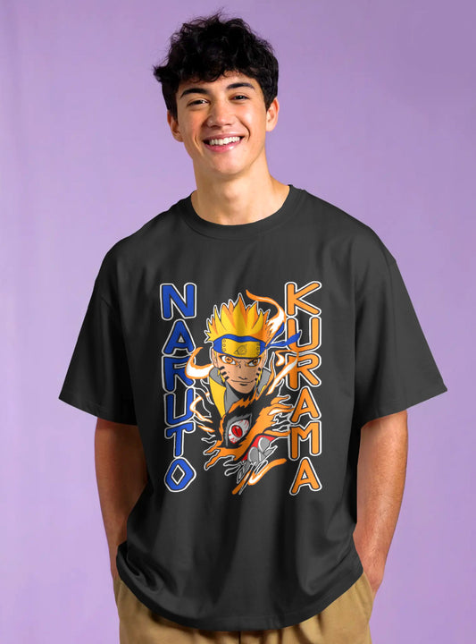 Naruto Kurama Drop-Shoulder Sleeves Relaxed Fil Black T-Shirt
