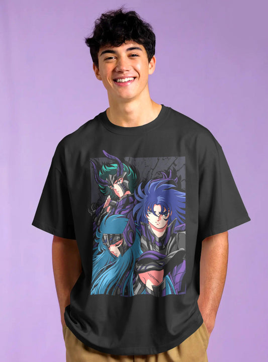 Anime Character Printed Drop-Shoulder Sleeves Relaxed Fil Black T-Shirt