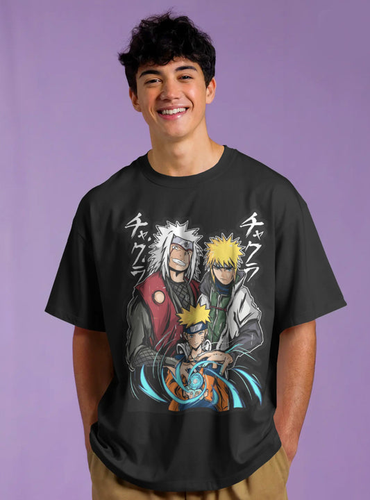 Naruto Anime Printed Drop-Shoulder Sleeves Relaxed Fil Black T-Shirt