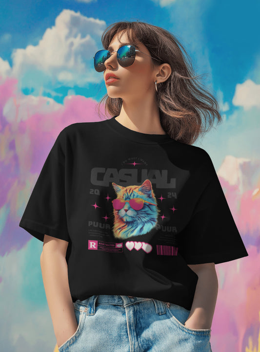 Women Casual Cat Printed Regular Fit Black T-Shirt