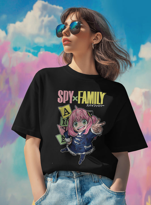 Women Spy Family  Printed Regular Fit Black T-Shirt
